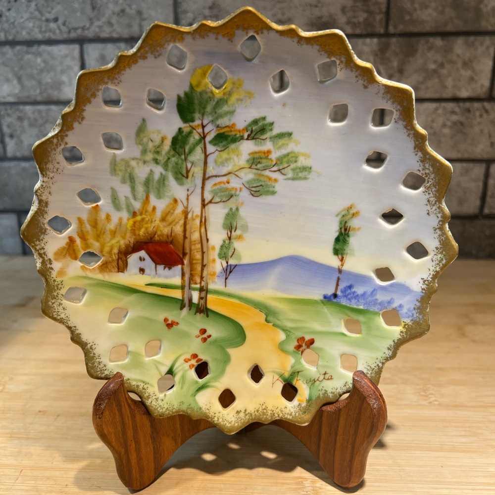 Vintage Norleans Japan K. Fuyita 7 3/8” Plate with Cut Out Design and Lanscape